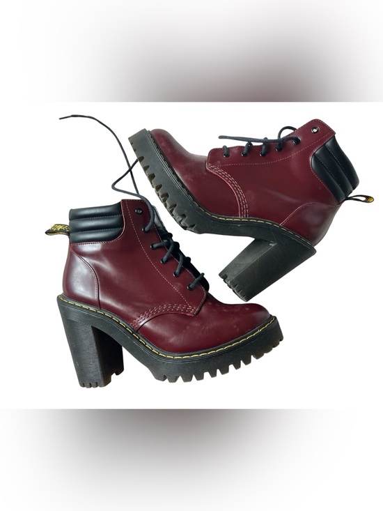 Dr. Martens Shoes - DR. MARTENS PERSEPHONE BURGUNDY PLATFORM HEELED LEATHER BOOTS WOMENS 7